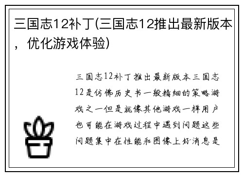 三国志12补丁(三国志12推出最新版本,优化游戏体验)